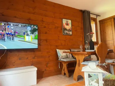 a living room with a television on a wooden wall at Appartement calme à Samoëns avec piscine et WiFi - FR-1-624-101 in Samoëns