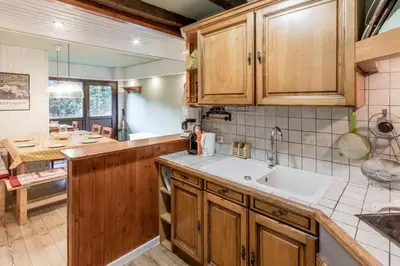 a kitchen with wooden cabinets and a sink at Clos de l'Ours - 2 chambres - Jardin privé in Chamonix-Mont-Blanc
