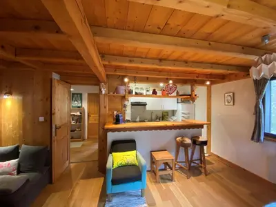 a kitchen and living room in a log cabin at Appartement cosy au pied du MtBlanc in Chamonix-Mont-Blanc