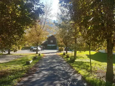 a tree lined road with a house in the background at Appartement 3 pièces avec terrasse, animaux acceptés et parking - FR-1-629-106 in Samoëns