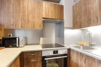 a kitchen with wooden cabinets and a stove and a sink at Le Crêtet Mont-Blanc in Chamonix-Mont-Blanc