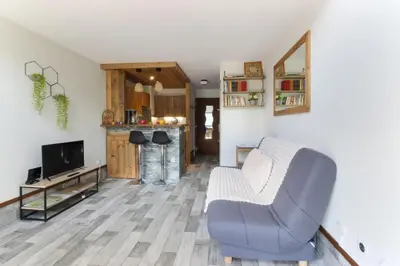 a living room with a couch and a tv at Le Crêtet Mont-Blanc in Chamonix-Mont-Blanc
