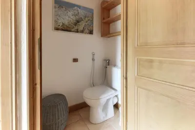 a bathroom with a toilet and a picture on the wall at Les Capucins - Calm - Mont-Blanc - Lake Gaillland in Chamonix-Mont-Blanc