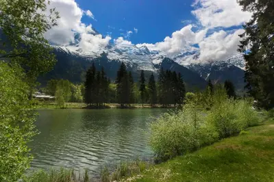 a view of a lake with mountains in the background at Les Capucins - Calm - Mont-Blanc - Lake Gaillland in Chamonix-Mont-Blanc