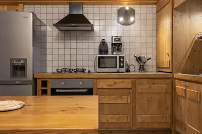 a kitchen with a counter with a microwave and a refrigerator at Appartement l'éterlou in Sallanches