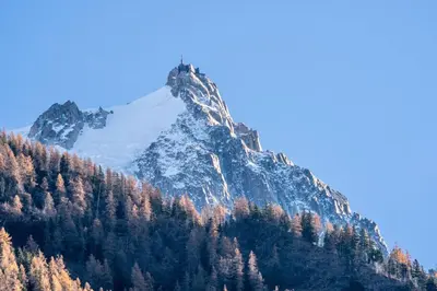 a mountain covered in snow and trees on a hill at Chamonix Sud studio with Mont Blanc views in Chamonix-Mont-Blanc