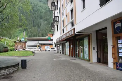 an empty street in a small town with buildings at Chamonix Sud studio with Mont Blanc views in Chamonix-Mont-Blanc