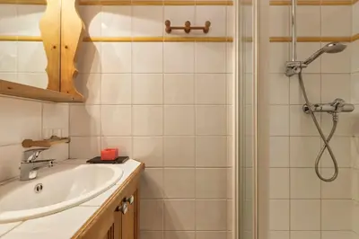 a bathroom with a shower and a sink at Grepon -City Center - Free Swimming pool, Sauna, Gym - Free Parking - By Cozee Rentals in Chamonix-Mont-Blanc