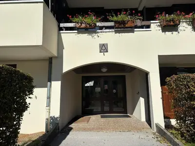 an entrance to a building with potted plants on top at Studio rénové au centre avec balcon et parking - FR-1-624-106 in Samoëns