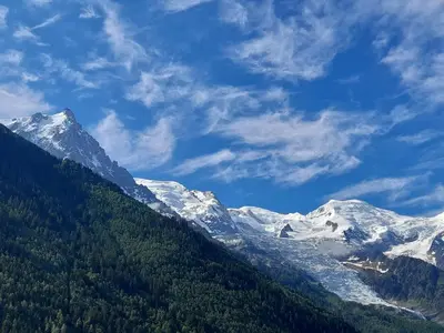 a snowy mountain range with trees and snow at Le Petit Balcon avec vue sur le Mont-Blanc in Chamonix-Mont-Blanc
