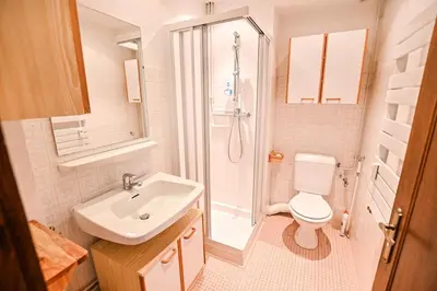 a bathroom with a toilet and a sink and a shower at Panoramic Megève in Megève