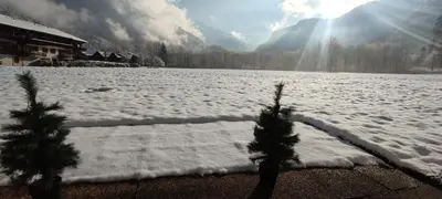 a snow covered field with trees in front of a mountain at DOMAINE DU GRAND TETRAS SAMOENS in Samoëns