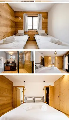 two pictures of a bedroom with two beds at Megève - Chalet Yack - Premium jusqu'à 15 pers in Megève