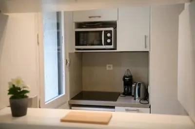 a kitchen with a microwave and a stove top oven at Chamonix 27 - Au Centre Vue Mont Blanc et Jardin in Chamonix-Mont-Blanc