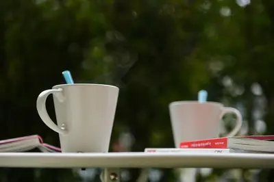 two white cups sitting on a table with books at Chamonix 27 - Au Centre Vue Mont Blanc et Jardin in Chamonix-Mont-Blanc