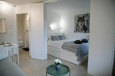 a bedroom with a bed with a picture of a dog at Chamonix 27 - Au Centre Vue Mont Blanc et Jardin in Chamonix-Mont-Blanc