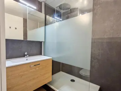 a bathroom with a sink and a shower at Studio confortable proche des pistes, idéal pour 4 personnes - FR-1-425-182 in Flaine
