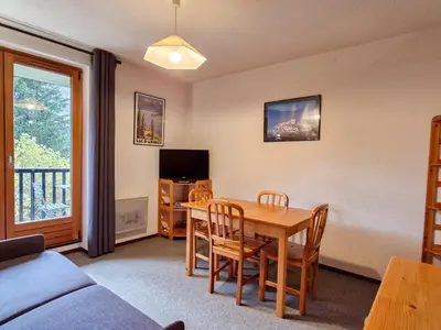 a living room with a table and chairs and a tv at Studio cabine confortable à Flaine, balcon sud, proche pistes - FR-1-425-171 in Flaine