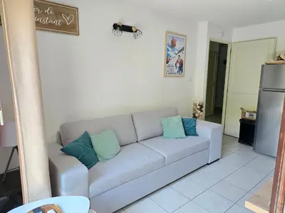 a living room with a gray couch with blue pillows at Appartement dans châlet avec piscine couverte in Saint-Gervais-les-Bains