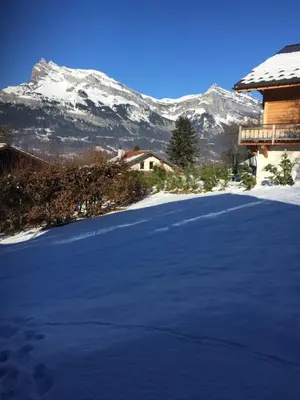 a snow covered yard with a mountain in the background at Chalet Le Paddock in Saint-Gervais-les-Bains