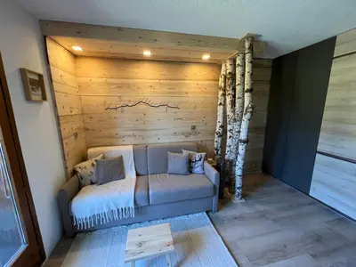 a couch in a room with a wooden wall at Le Sapin B19 Megeve - Demi Quartier in Megève
