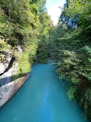 a river with blue water in the middle of a forest at un nid sous les toits in Saint-Gervais-les-Bains