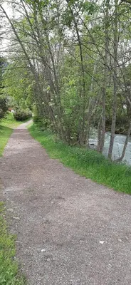a dirt road next to a river with trees at Un havre de paix aux pieds des chemins de montagne in Les Contamines-Montjoie