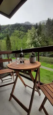 a wooden picnic table with a bottle of wine on it at Un havre de paix aux pieds des chemins de montagne in Les Contamines-Montjoie