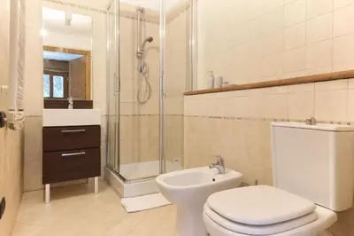 a bathroom with a toilet and a shower and a sink at Les Granges des Bossons in Chamonix-Mont-Blanc