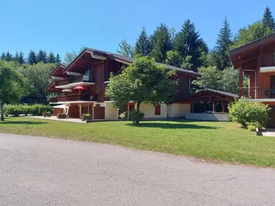 a large house with a grass yard next to a road at Appartement chaleureux avec balcon près du centre - FR-1-624-112 in Samoëns