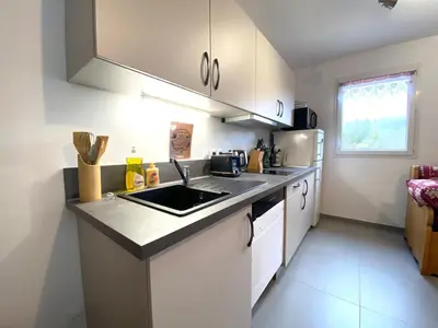 a kitchen with a sink and a counter top at Appartement neuf avec balcon et navette pour le ski - FR-1-624-113 in Samoëns
