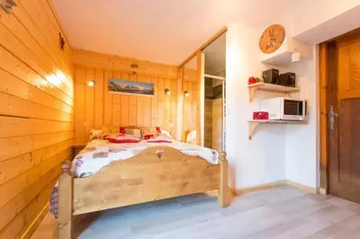 a bedroom with a bed in a wooden wall at Chalet spacieux à Saint-Gervais-les-Bains avec vue montagne in Saint-Gervais-les-Bains