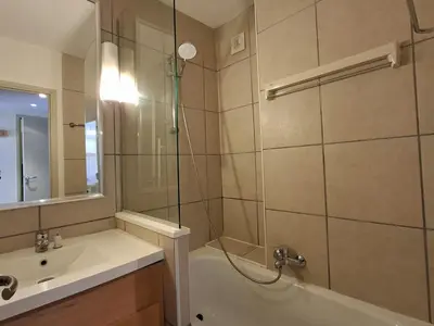 a bathroom with a shower and a sink at Appartement lumineux 2 pièces, proche des pistes avec balcon - FR-1-425-175 in Arâches-la-Frasse