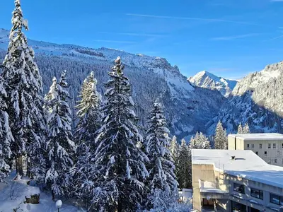 a group of snow covered trees with mountains in the background at Appartement rénové 2 pièces pour 6, balcon proche pistes et commerces - FR-1-425-158 in Arâches-la-Frasse