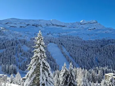 a snow covered mountain with trees and mountains in the background at Appartement confortable au pied des pistes avec Wifi gratuit - FR-1-425-137 in Arâches-la-Frasse