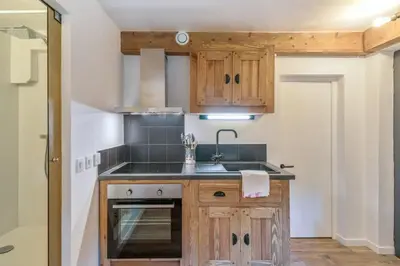 a kitchen with wooden cabinets and a sink at Studio Loup - L'Igloo - Welkeys in Combloux