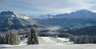 a view of a snowy mountain with trees and mountains at A Cordon entre Bois et Nature in Cordon
