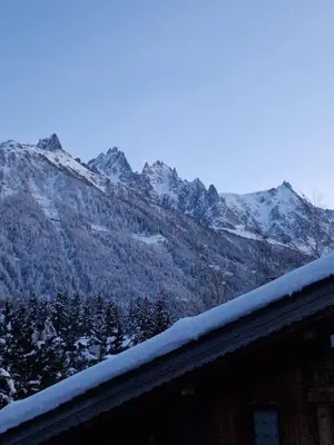 a snow covered mountain range with snow on the roof of a house at Appartement ensoleillé aux Tines, vue Massif in Chamonix-Mont-Blanc