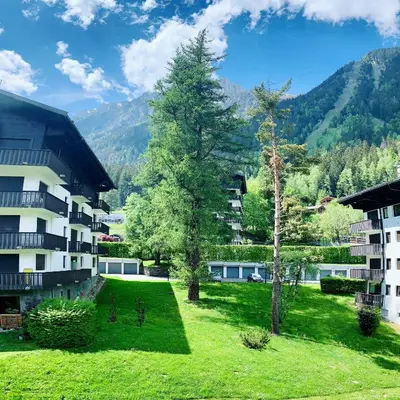 an apartment building with a tree in the yard at Charmant Studio tout confort au Brévent-Chamonix in Chamonix-Mont-Blanc