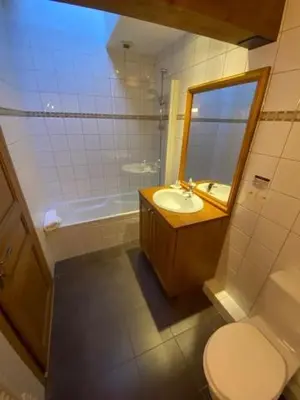 a bathroom with a toilet and a sink and a mirror at Exceptionnel duplex en Residence & Spa Vallorcine Mont-Blanc 5 étoiles in Vallorcine
