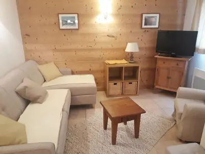 a living room with a couch and a tv at Appartement spacieux 3 pièces avec Wi-Fi, 7 personnes, Morillon 1000, près des pistes - FR-1-815-80 in Morillon