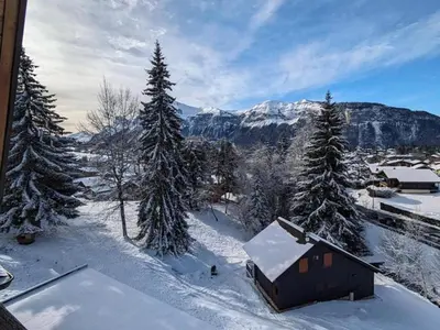 a cabin in the snow with trees and mountains at Studio 4 pers avec balcon, près des remontées mécaniques - FR-1-572-149 in Arâches-la-Frasse