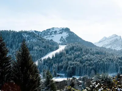 a view of a snow covered mountain with a river at Studio aux Carroz 4 pers, balcon, proche commerces et pistes - FR-1-572-254 in Arâches-la-Frasse