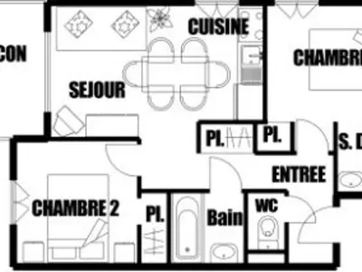 a black and white floor plan of a house at Appartement 3 pièces pour 6 pers, bien équipé, face au spa et ski bus, proche pistes et commerces - FR-1-572-10 in Arâches-la-Frasse