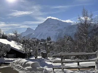 a snow covered mountain with a bench in the foreground at Spacieux 3 pièces au centre d'Arâches-la-Frasse, 6 pers., proche pistes et commerces - FR-1-572-69 in Arâches-la-Frasse