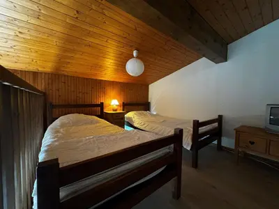 a bedroom with two beds and a tv in it at Duplex 6 pers sur pistes débutants avec parking - Les Carroz d'Arâches - FR-1-572-74 in Arâches-la-Frasse