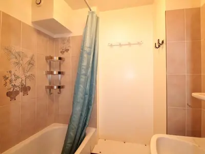 a bathroom with a shower with a blue shower curtain at Studio 4 pers, cabine, Les Carroz, proche pistes - FR-1-572-95 in Arâches-la-Frasse
