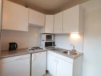 a kitchen with white cabinets and a sink and a microwave at Studio 4 pers, cabine, Les Carroz, proche pistes - FR-1-572-95 in Arâches-la-Frasse