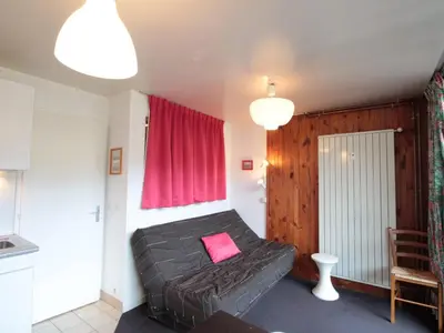 a bedroom with a black bed with a red pillow at Studio 4 pers, cabine, Les Carroz, proche pistes - FR-1-572-95 in Arâches-la-Frasse