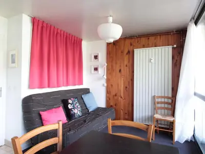 a living room with a black couch and a red curtain at Studio 4 pers, cabine, Les Carroz, proche pistes - FR-1-572-95 in Arâches-la-Frasse